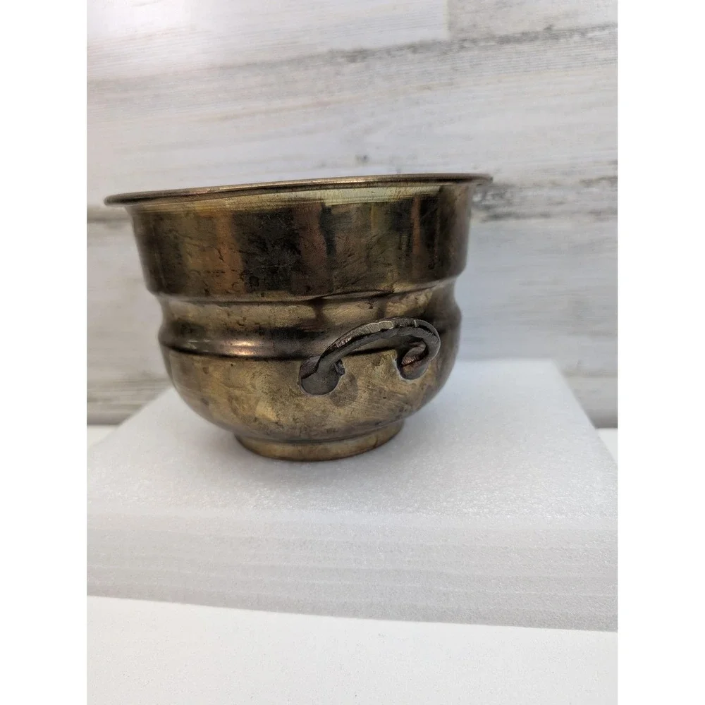 Vintage Solid Brass Two Handle Small Bowl Planter 4x5 In Made In India
